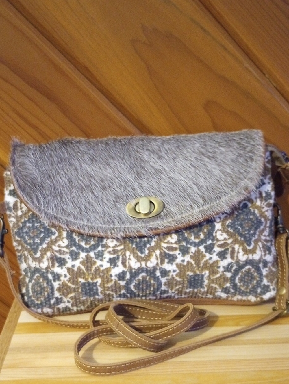 Myra Bag Brown Patterned Crossbody Bag with Faux Fur Flap
